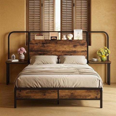 Cama Casal Full 140 cm com Cabeceira, Mesas Laterais, Tomadas e USB