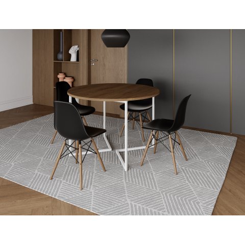 Mesa Industrial Base Ferro Branco em V Tampo 110cm Amêndoa 4 Cadeiras Eames Madeira Assento Preto