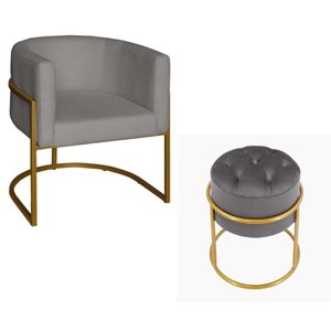 Kit Poltrona Decorativa Luxo Base de Metal Dourada e Puff Capitone Suede Prata Eli Móveis e Decoraçã
