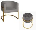 Ver imagem 1 de Kit Poltrona Decorativa Luxo Base de Metal Dourada e Puff Capitone Suede Prata Eli Móveis e Decoraçã