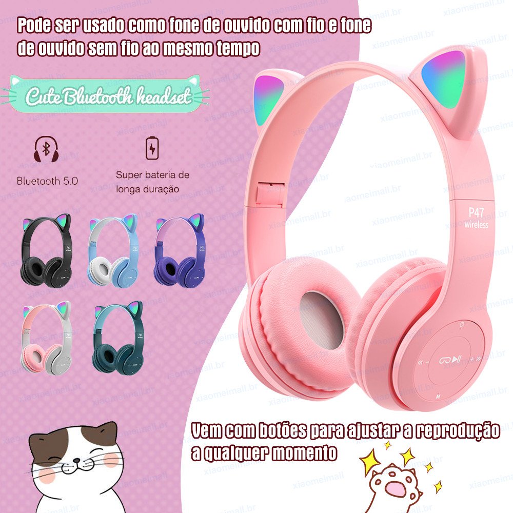 Fone De Ouvido Orelha Gato Gatinho Cat Bluetooth 5.0 Ear Com Led RGB  Original