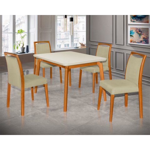 Mesa Jantar Luxo Jade 120x90cm Off White com 4 Cadeiras Estofadas Veludo Bege Base Madeira Maciça Me