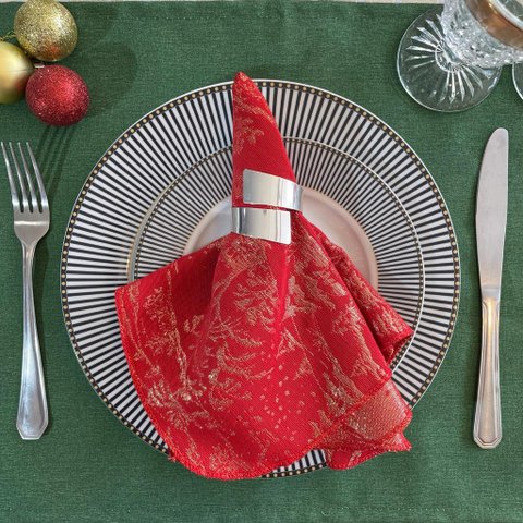 Kit 4 Guardanapos em Jacquard Luxo Pinheiro Canadense Vermelho 40x40cm