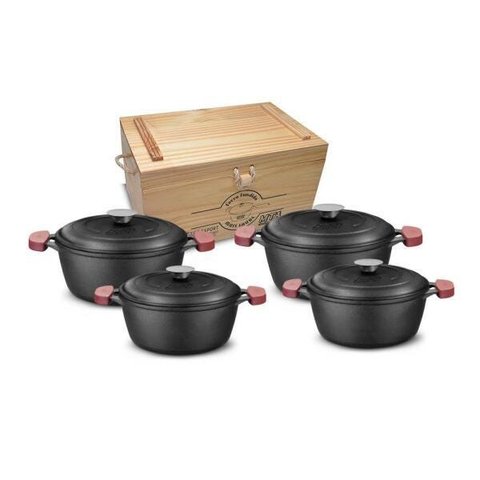 Conjunto Caçarolas Ferro Fundido 4 Peças + Caixa de Madeira Mta