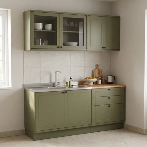 Cozinha Compacta Modulada 4 Peças 6 Portas 3 Gavetas com Vidro e Tampo 100% MDF Sevilha Verde Hill