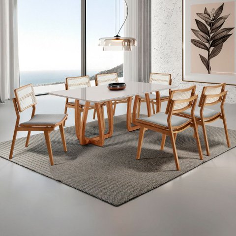 Sala de Jantar Mesa Flora 180cm Tampo Laqueado com Vidro Canto Moeda e 6 Cadeiras Eva Premium