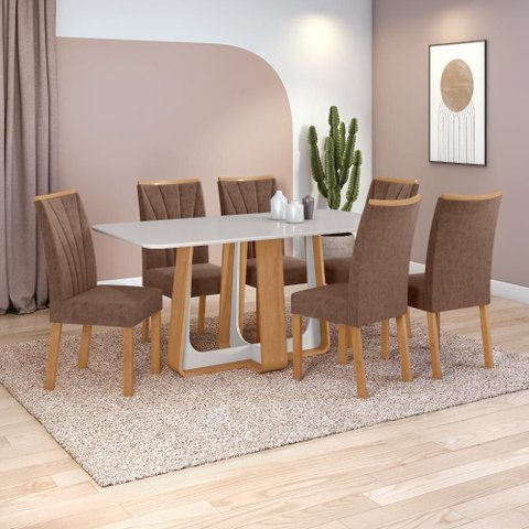 Conjunto Sala de Jantar Mesa Easy Pop 170x90cm Tampo Vidro/mdf com 6 Cadeiras Confort Couro Morano