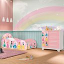 Ver imagem 1 de Conjunto Quarto Infantil Princesas Rosa Cama Proteção Colchão Cômoda MDF Menina Completo Moderno