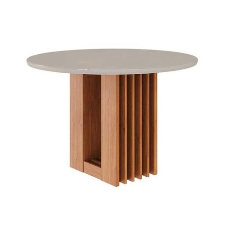 Mesa Multiuso Cozinha Ariela C/ Tampo Madeirado Redondo C/ Vidro 109x109cm Cinamomo/off White -