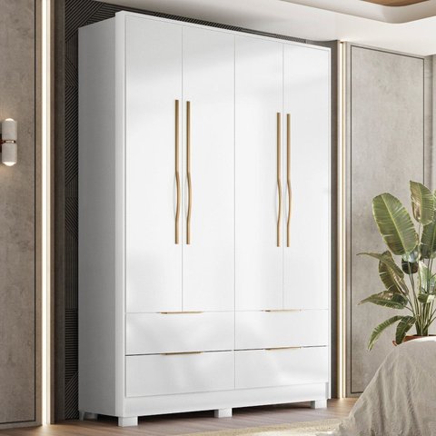 Guarda-Roupa Casal 4 Portas 4 Gavetas com Pés Domo Branco