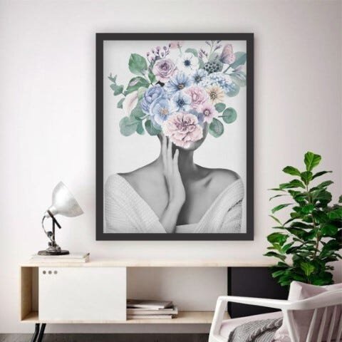 Quadro Decorativos Com Moldura Preta Abstrato Mulher Flores Na Cabeça - 50x70 - 1