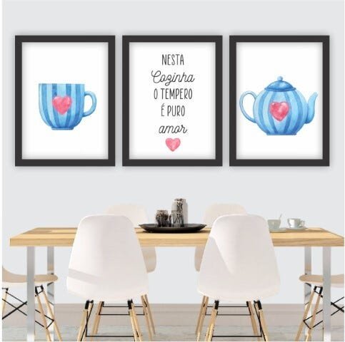 Conjunto Quadros Decorativos Com Moldura Preta - Cozinha Frase Xicara Chaleira - 20x30cm - 1