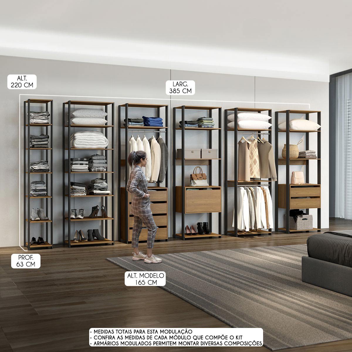 Closet Aberto Modulado Estilo Industrial Bacco 6 Peças MDP Carvalho ...