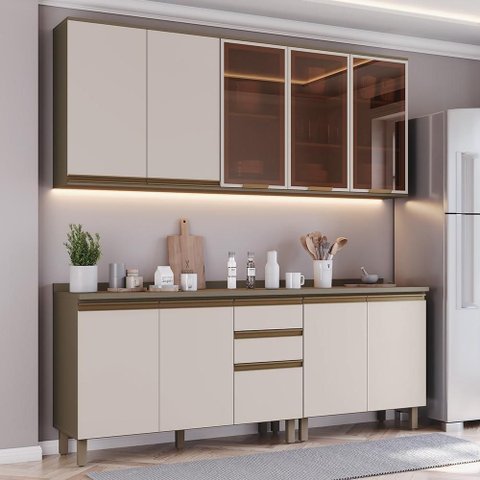 Cozinha Modulada Connect 5 Peças Aéreo 3 Portas Duna/cristal com Vidro - Móveis Henn