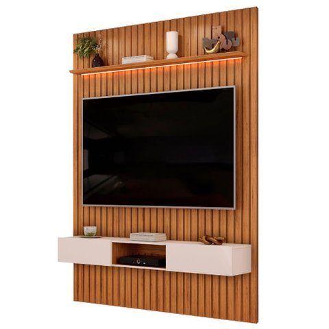 Painel para Tv até 65 Polegadas 1,83m Ripado Autêntico com Led e Nicho Montreal Madeirado/off