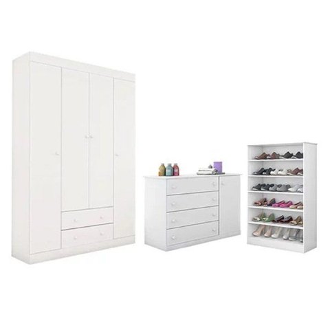 Roupeiro Elisa + Cômoda Sapateira Infantil + Sapateira Nicho com Prateleira para Quarto de Bebê