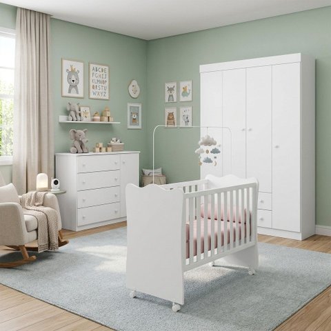 Quarto Infantil de Bebê Completo Guarda-roupa + Cômoda + Berço com Colchão - Phoenix Baby