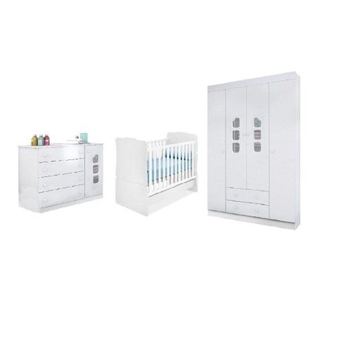 Quarto Infantil de Bebê Berço Doce Sonho + Guarda-Roupa Lívia 4 Portas + Cômoda Sapateira 100% MDF -