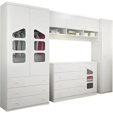 Quarto Infantil de Bebê Completo 4 Peças Cômoda + Guarda-roupa + Armário Aéreo Módulo 100% Mdf - Pho