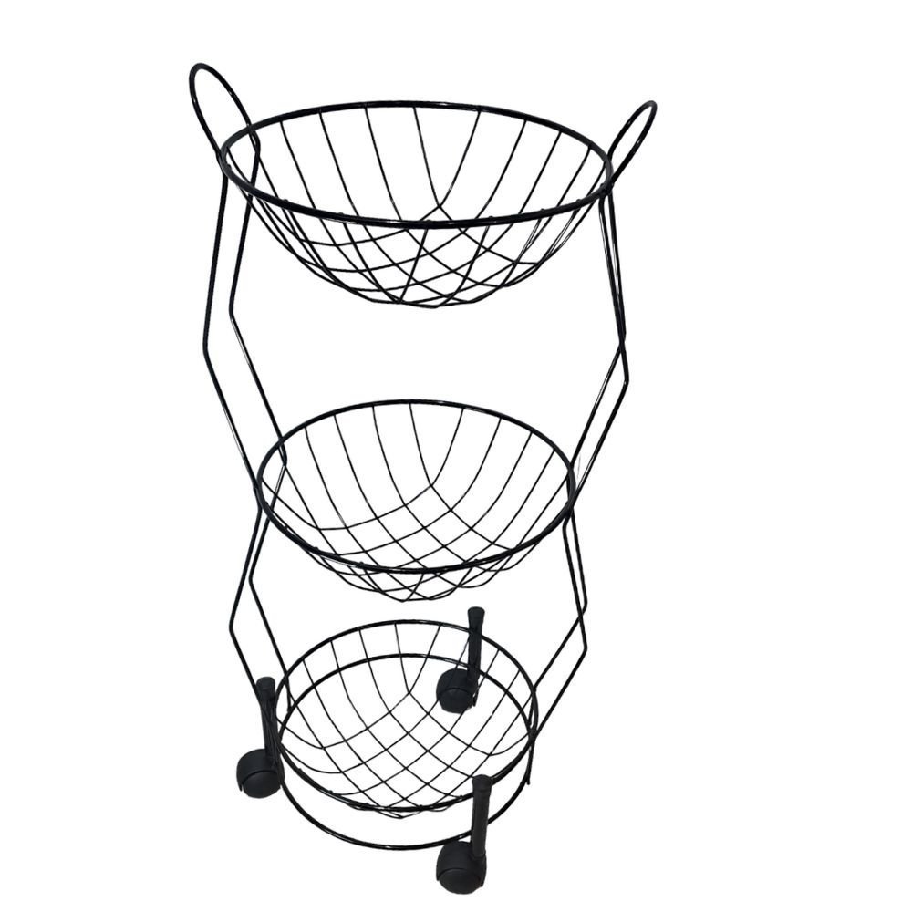 Fruteira de Chão com 3 Cestos e Rodinhas:Preto - 3