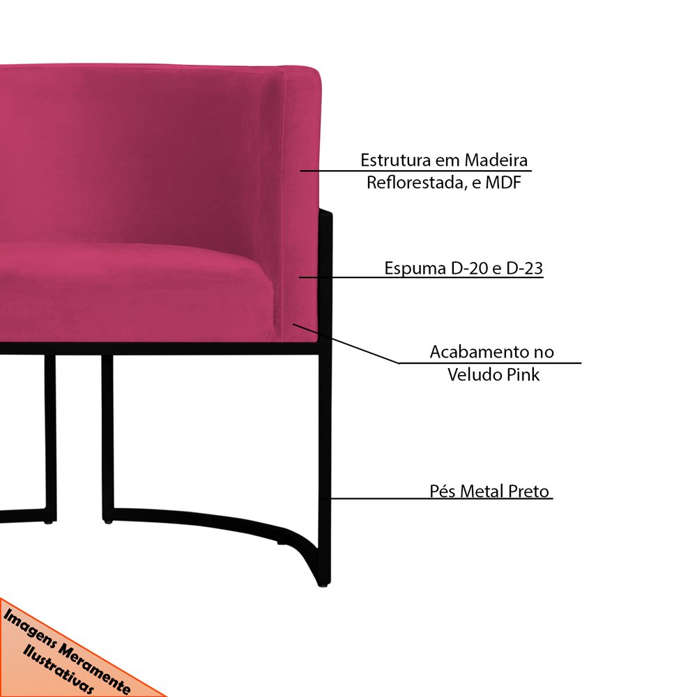 Kit 2 Poltronas Decorativa Sala de Estar Luana Base Preta Veludo Pink - Montanaris Decor Md Montanar - 5