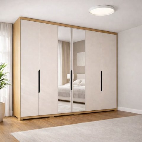 Guarda Roupa Casal com Espelho 6 Portas 100% MDF Off White e Carvalho Barcelona