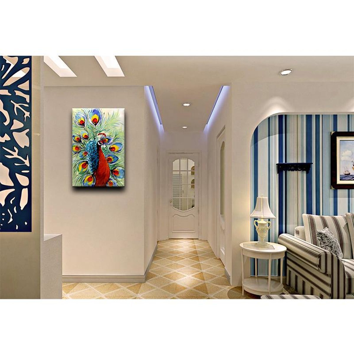 Quadro Pintura Tela multi-cor detalhes cauda pavão 5530: 110cm (A) x 160cm (L) - 1