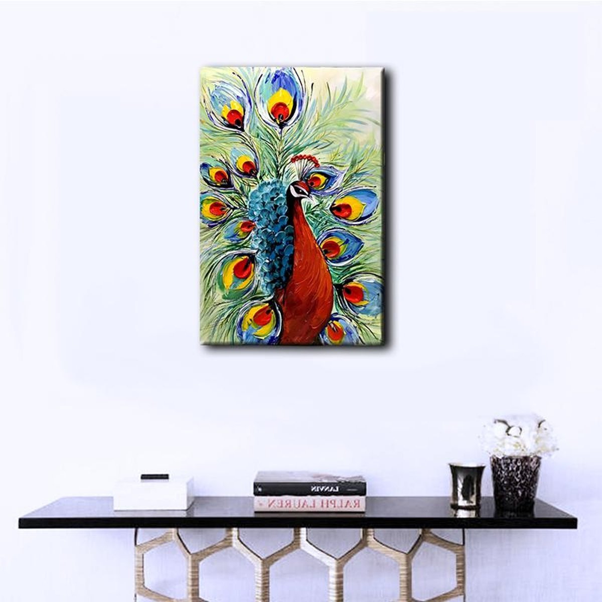 Quadro Pintura Tela multi-cor detalhes cauda pavão 5530: 110cm (A) x 160cm (L) - 3