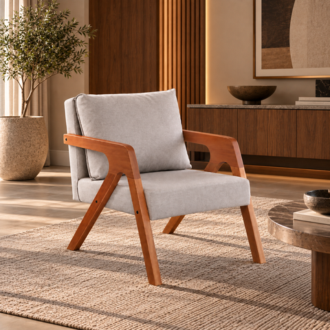 Poltrona Mona Premium Linho Cinza Pés de Madeira c/ Almofada