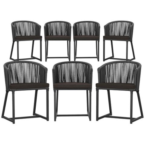 7 Cadeiras de Jantar Área Noronha em Alumínio com Pintura Preta Corda Náutica Estofado 9 Trama Origi