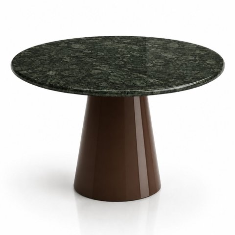 Mesa de Jantar Cone Redondo 110 cm Tampo Mármore Verde Guatemala Base Laca Marrom Cacau