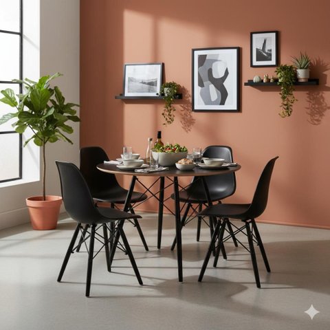 Conjunto Mesa Redonda Eames Black 90cm + 4 Cadeiras Eames Dsw Sala Cozinha Jantar - La Mobilia