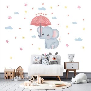 Adesivo Kit Infantil menina menino elefante nuvem flores