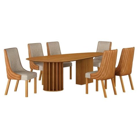 Mesa de Jantar 1,80x1,00m Orgânica Cinamomo com Kit 6 Cadeiras Belle Sintético Terracota e Linho