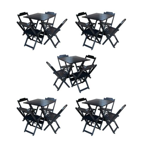 Kit 5 Conjuntos De Mesa Dobravel Com 4 Cadeiras De Madeira 70X70 Para Restaurante E Bar - Preto