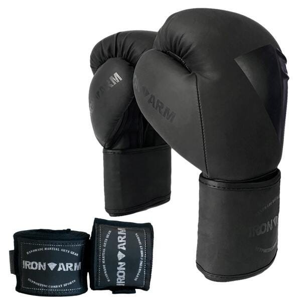 Luva Boxe Muay Thai Preta Fosca Kit com Bandagem Iron Arm
