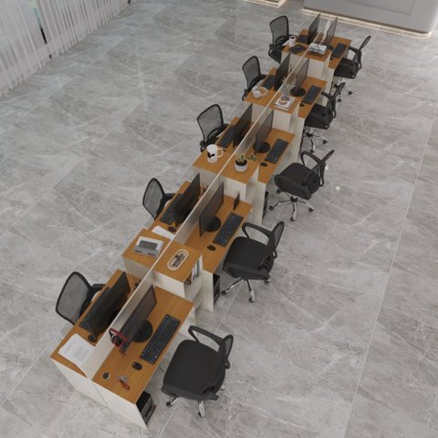 Estação de Trabalho 10 Lugares Smart Office 10 Mesas 8 Armários Livreiro - Off White e Cedro