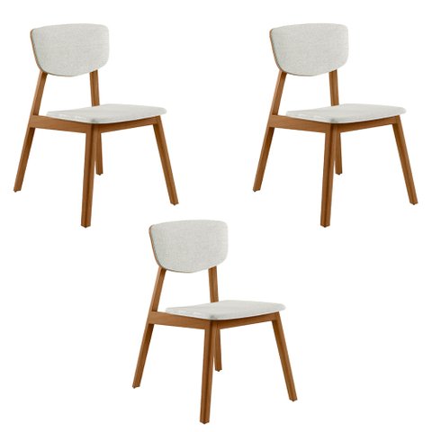 Kit 3 Cadeiras Decorativas Sala de Jantar Madeira Maciça Lang Linho Off White/Freijó - Gran Belo