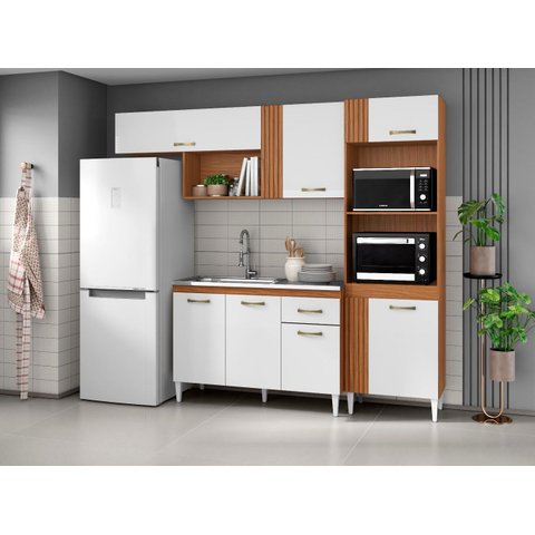 Cozinha Compacta Vitória com Balcão de Pia 120cm sem Tampo - Cinamomo/branco Aramóveis