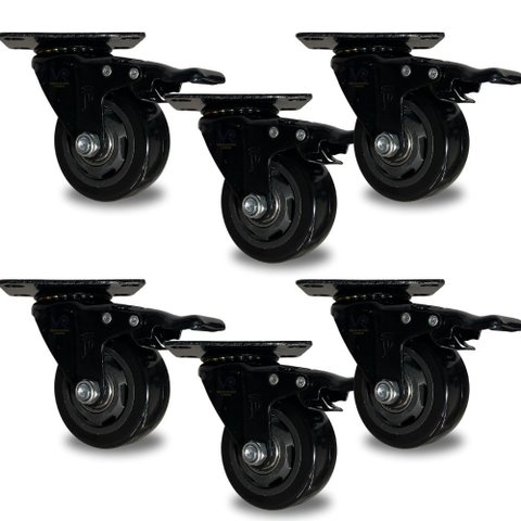 Kit 6 Rodízio Giratório Black Roda 3" Pu Anti Risco com Rolamento 100kg Cada Reforçada com Trava