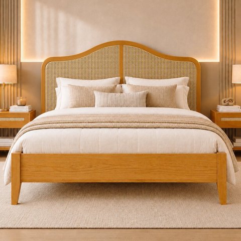 Cama Queen com Ratan 160cm Madeira Maciça Trama