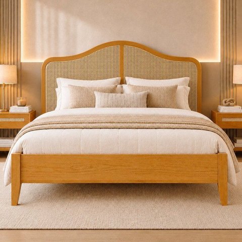 Cama Queen com Ratan 160cm Madeira Maciça Trama