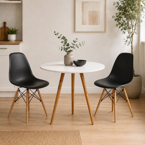 Conjunto Mesa de Jantar Redonda 70cm 2 Cadeiras Charles Eames Eiffel - Preto