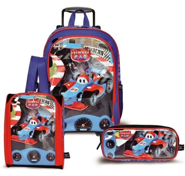 Mochila G Rodinhas E Lancheira E Estojo - Carro Azul Santino - 1