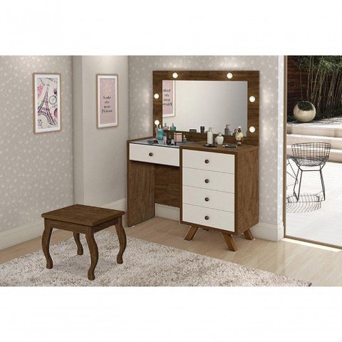 Penteadeira Camarim com Espelho e Led com Banqueta Luna Malbec / Off White - Luapa