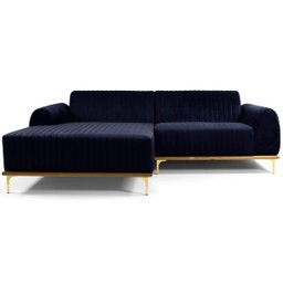 Sofá 4 Lugares 2,65M Chaise Direito Molino Base Madeira Pés Gold Suede Azul Marinho - 2