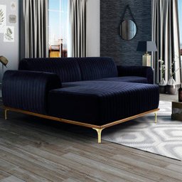 Sofá 4 Lugares 2,65M Chaise Direito Molino Base Madeira Pés Gold Suede Azul Marinho - 3