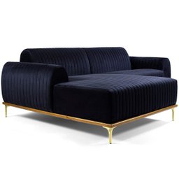 Sofá 4 Lugares 2,65M Chaise Direito Molino Base Madeira Pés Gold Suede Azul Marinho - 1