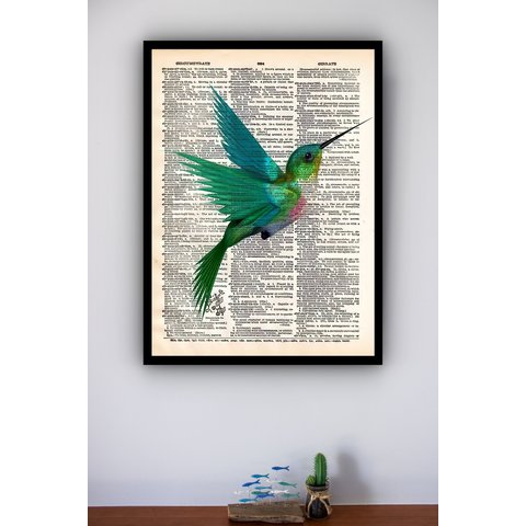 Quadro Decorativo Beija Flor Verde Vintage - 70x50cm:moldura Preta
