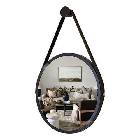Espelho Redondo Decorativo Suspenso Alça 30cm - Varias Cores - Preto Alça Preta